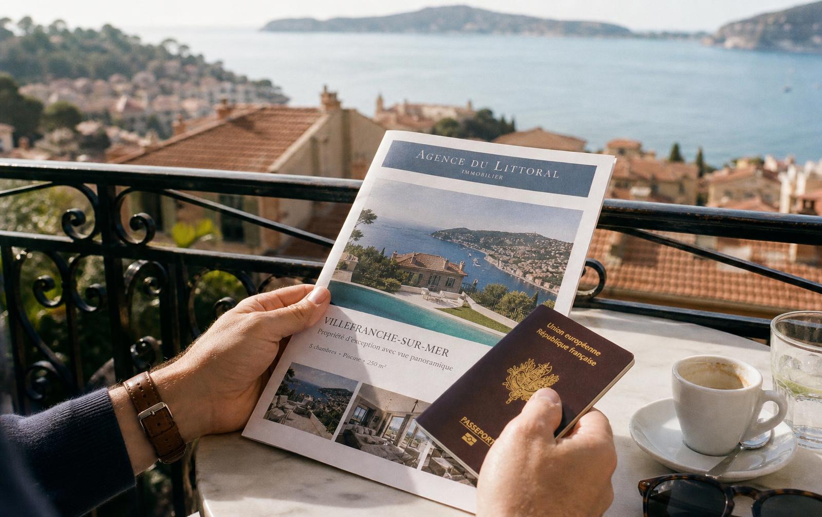 Hands holding a French property brochure and a passport overlooking the Mediterranean on the French Riviera