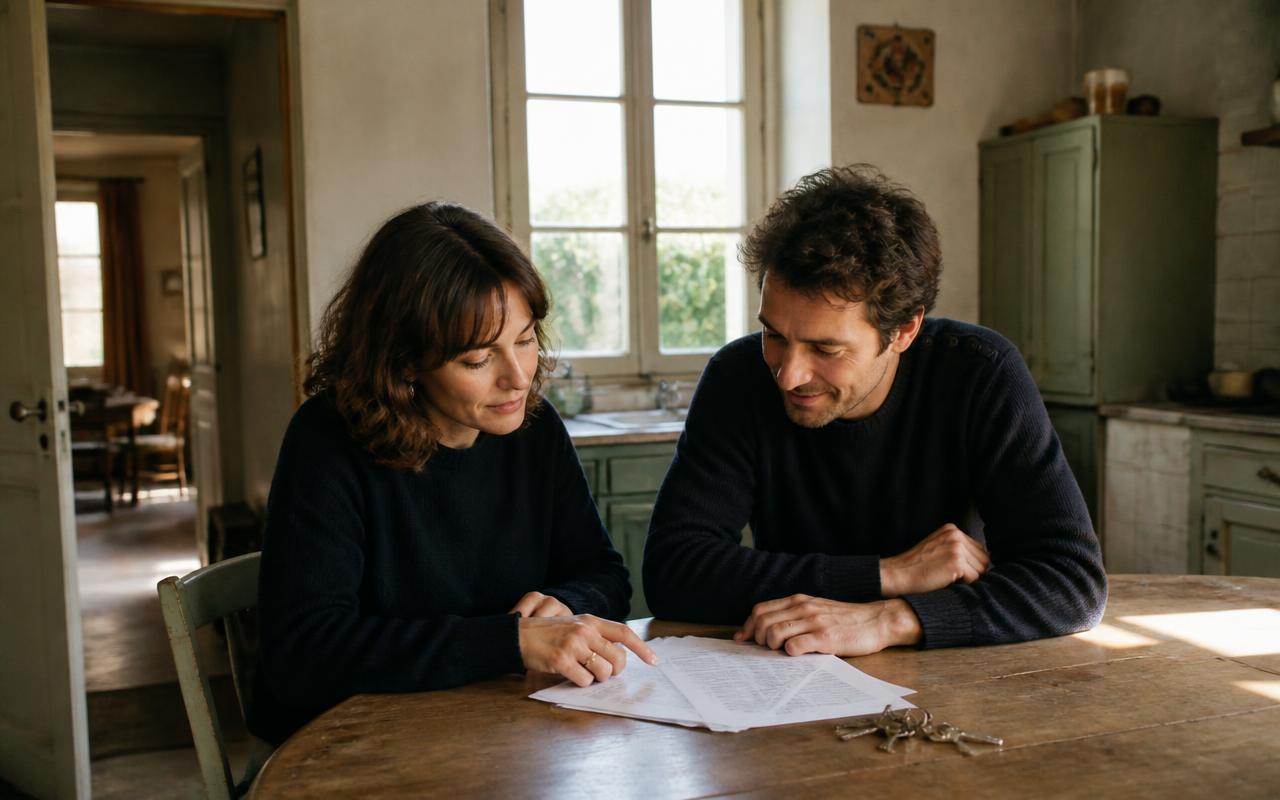 Two siblings reviewing French inheritance paperwork at a family kitchen table